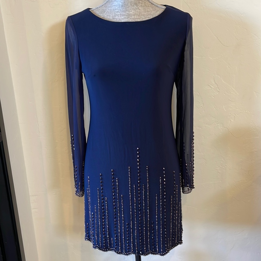 Xscape Navy Sheath Dress, Size 4, Lined, Sheer Long Sleeves, Beads on Hem/Cuffs